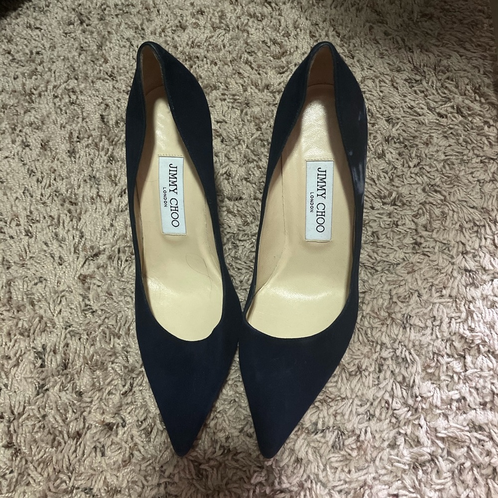 Jimmy Choo blue suede pumps.